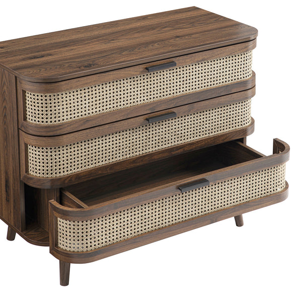Izzy Curved Rattan 3 Drawer Dresser, Walnut