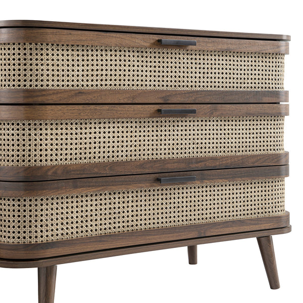 Izzy Curved Rattan 3 Drawer Dresser, Walnut