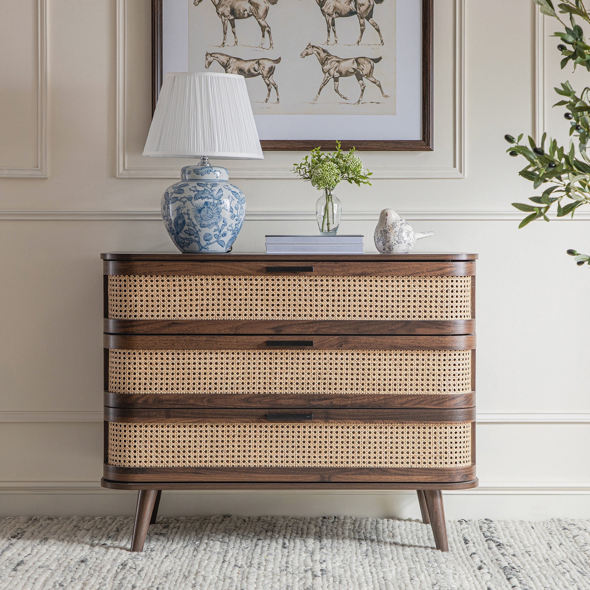 Izzy Curved Rattan 3 Drawer Dresser, Walnut | daals.com Izzy Curved Rattan 3 Drawer Dresser, Walnut | daals.com