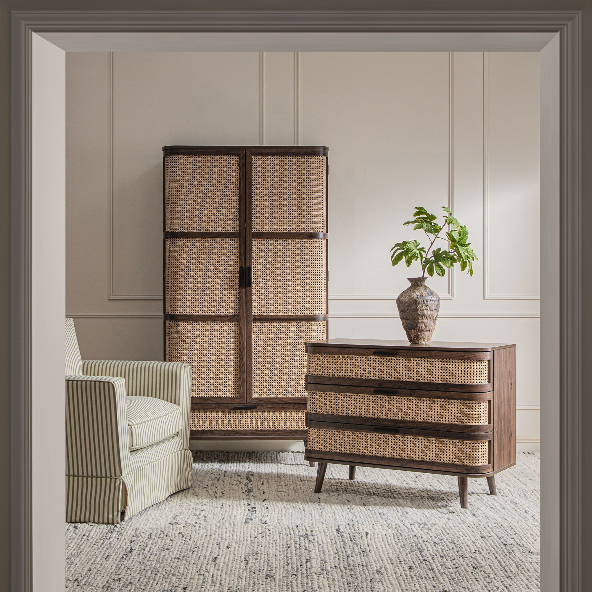 Izzy Curved Rattan 3 Drawer Dresser, Walnut Izzy Curved Rattan 3 Drawer Dresser, Walnut
