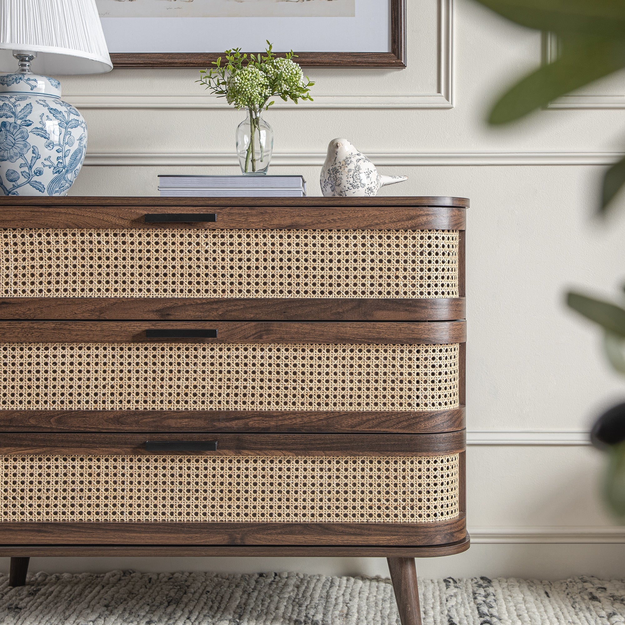 Izzy Curved Rattan 3 Drawer Dresser, Walnut
