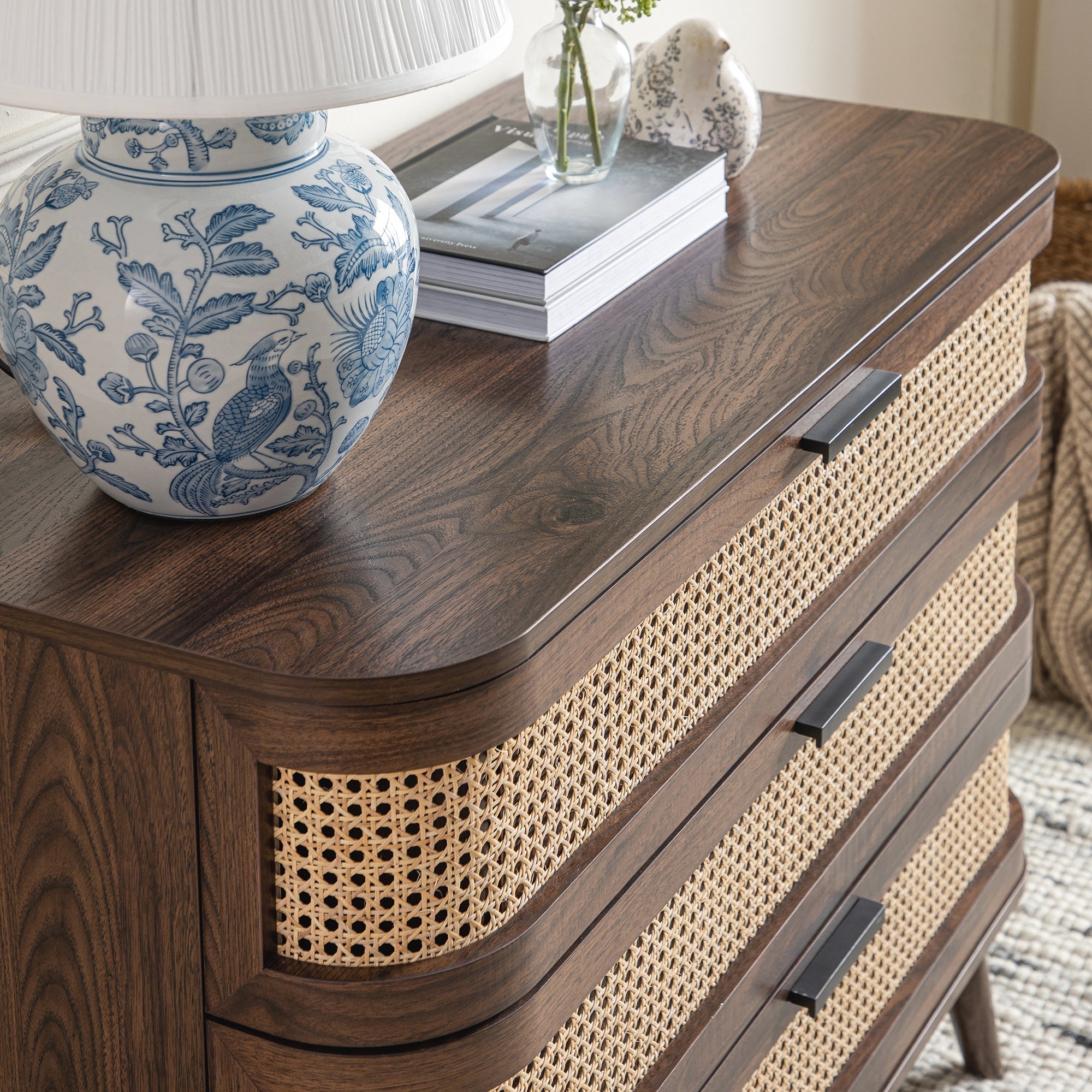 Izzy Curved Rattan 3 Drawer Dresser, Walnut | daals.com Izzy Curved Rattan 3 Drawer Dresser, Walnut | daals.com