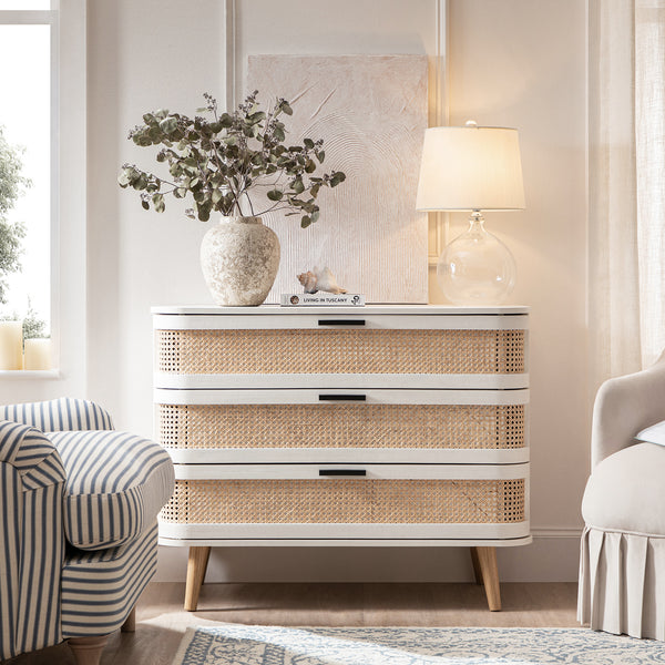 Izzy Curved Rattan 3 Drawer Dresser, White | daals.com