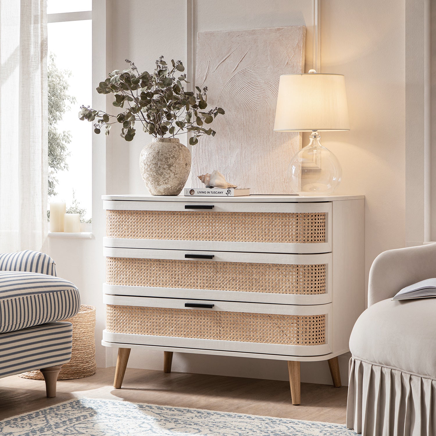 Izzy Curved Rattan 3 Drawer Dresser, White Izzy Curved Rattan 3 Drawer Dresser, White