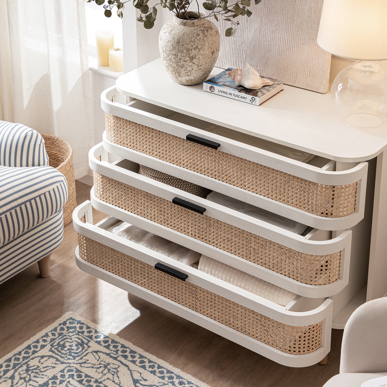 Izzy Curved Rattan 3 Drawer Dresser, White Izzy Curved Rattan 3 Drawer Dresser, White