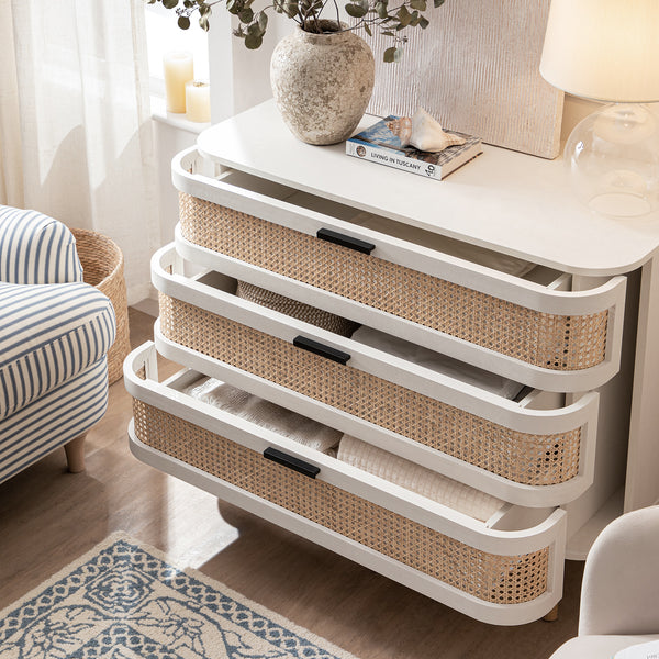 Izzy Curved Rattan 3 Drawer Dresser, White