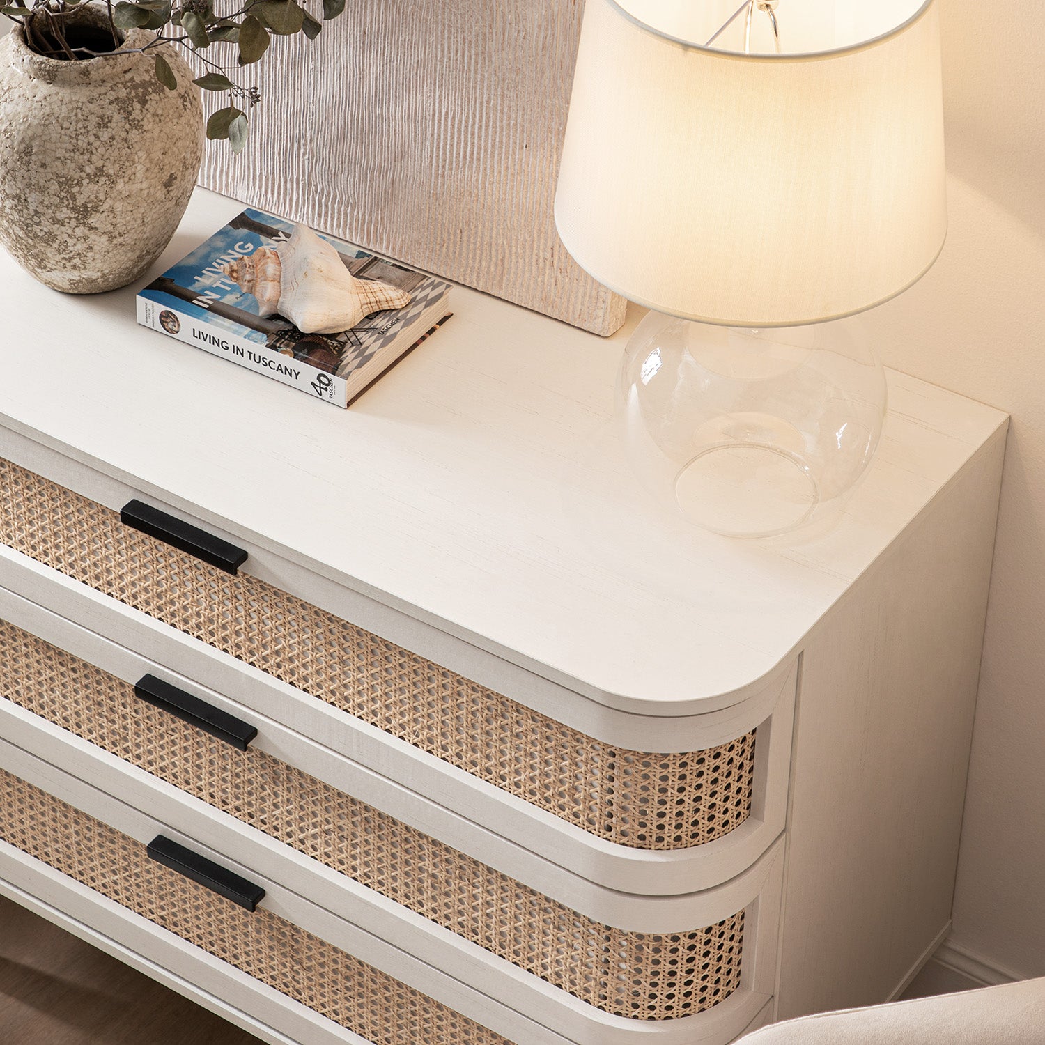 Izzy Curved Rattan 3 Drawer Dresser, White