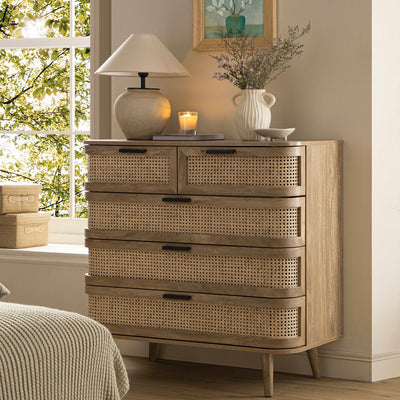 Izzy Curved Rattan 5 Drawer Dresser, Natural