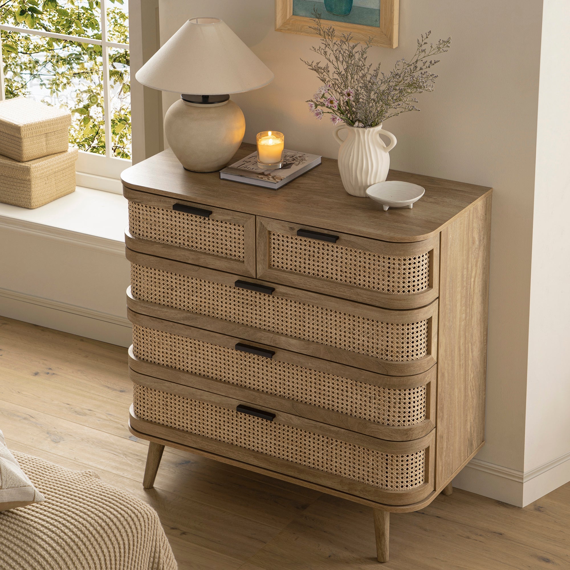 Izzy Curved Rattan 5 Drawer Dresser, Natural Izzy Curved Rattan 5 Drawer Dresser, Natural