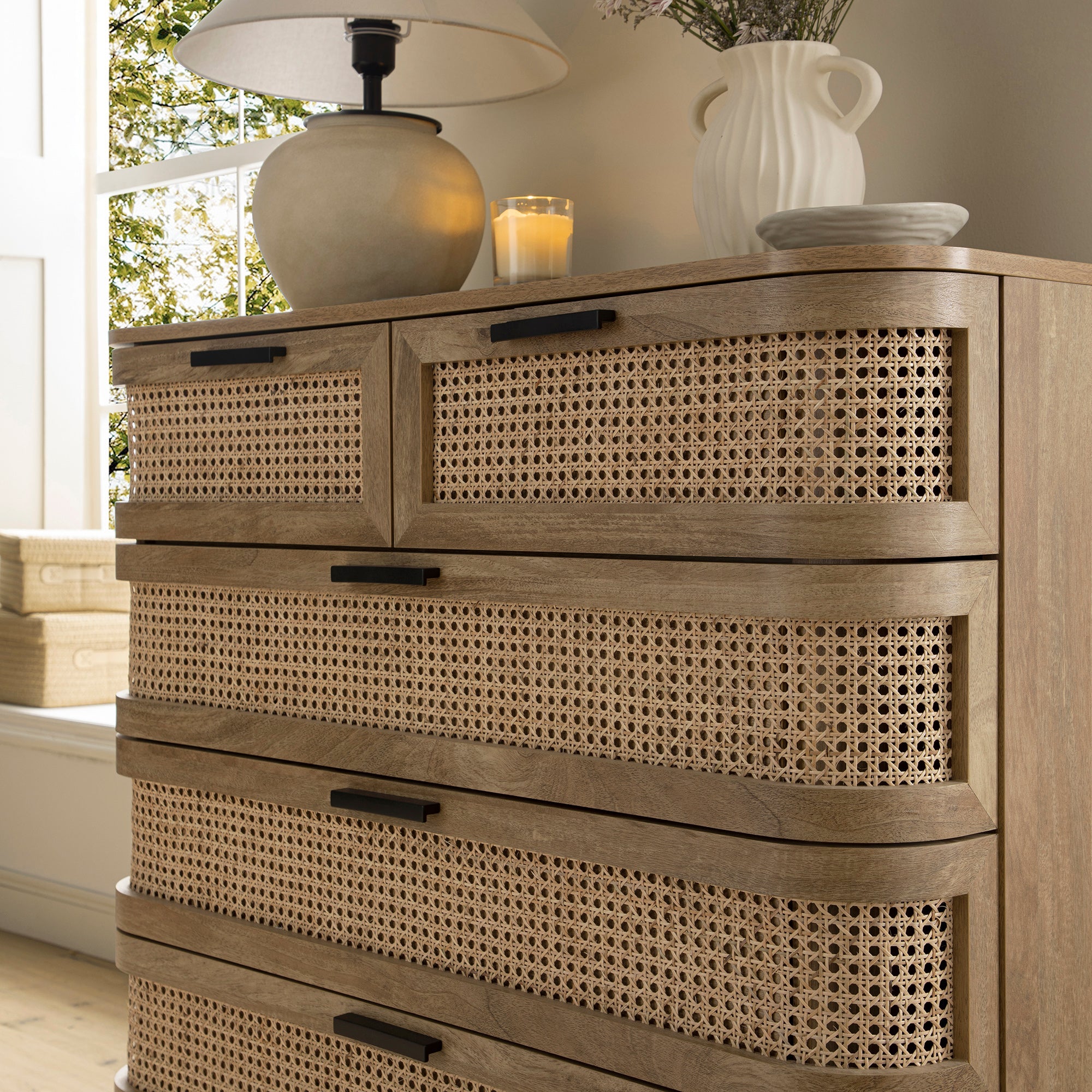 Izzy Curved Rattan 5 Drawer Dresser, Natural Izzy Curved Rattan 5 Drawer Dresser, Natural