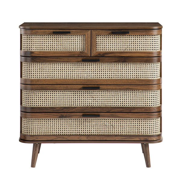 Izzy Curved Rattan 5 Drawer Dresser, Walnut