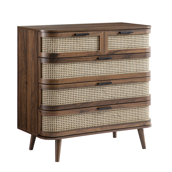 Izzy Curved Rattan 5 Drawer Dresser, Walnut