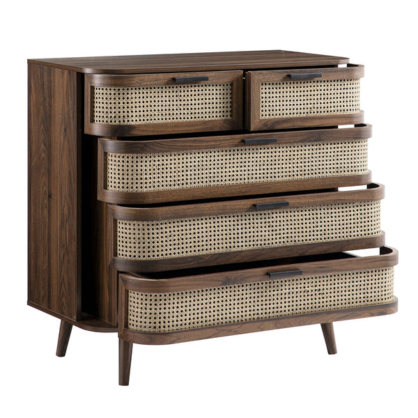 Izzy Curved Rattan 5 Drawer Dresser, Walnut
