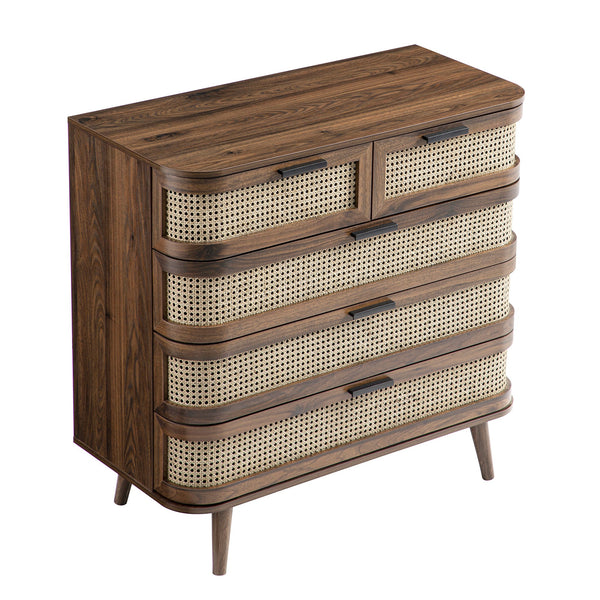 Izzy Curved Rattan 5 Drawer Dresser, Walnut