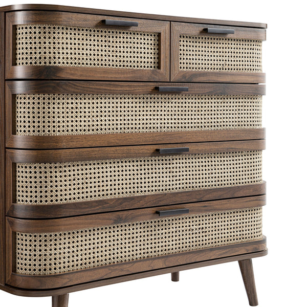 Izzy Curved Rattan 5 Drawer Dresser, Walnut