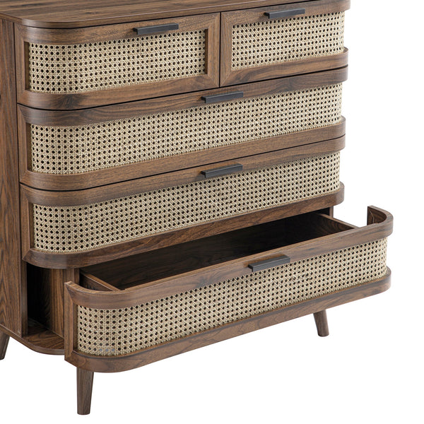 Izzy Curved Rattan 5 Drawer Dresser, Walnut