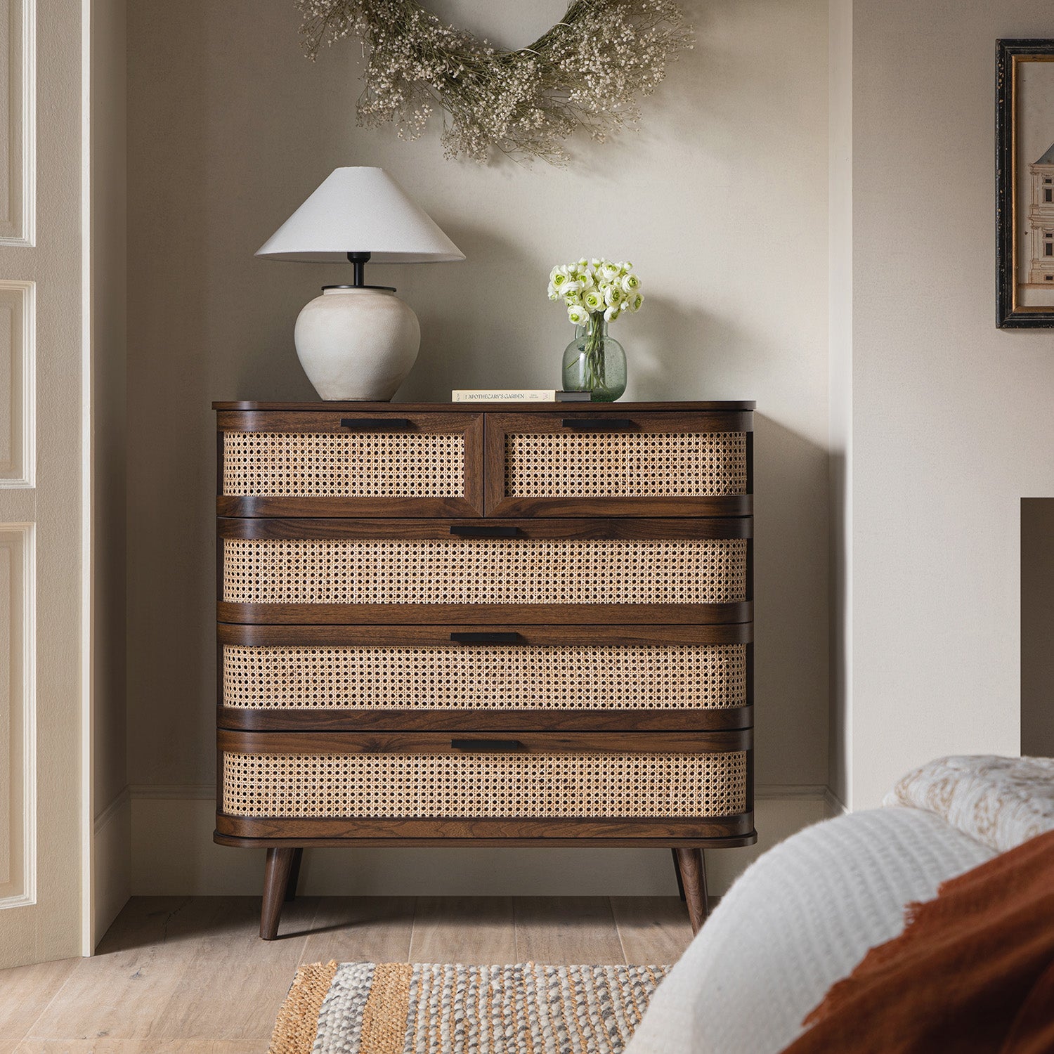 Izzy Curved Rattan 5 Drawer Dresser, Walnut