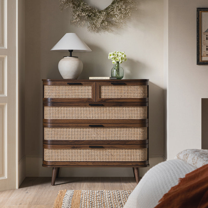 Izzy Curved Rattan 5 Drawer Dresser, Walnut