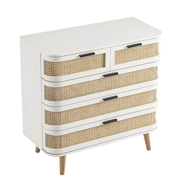 Izzy Curved Rattan 5 Drawer Dresser, White