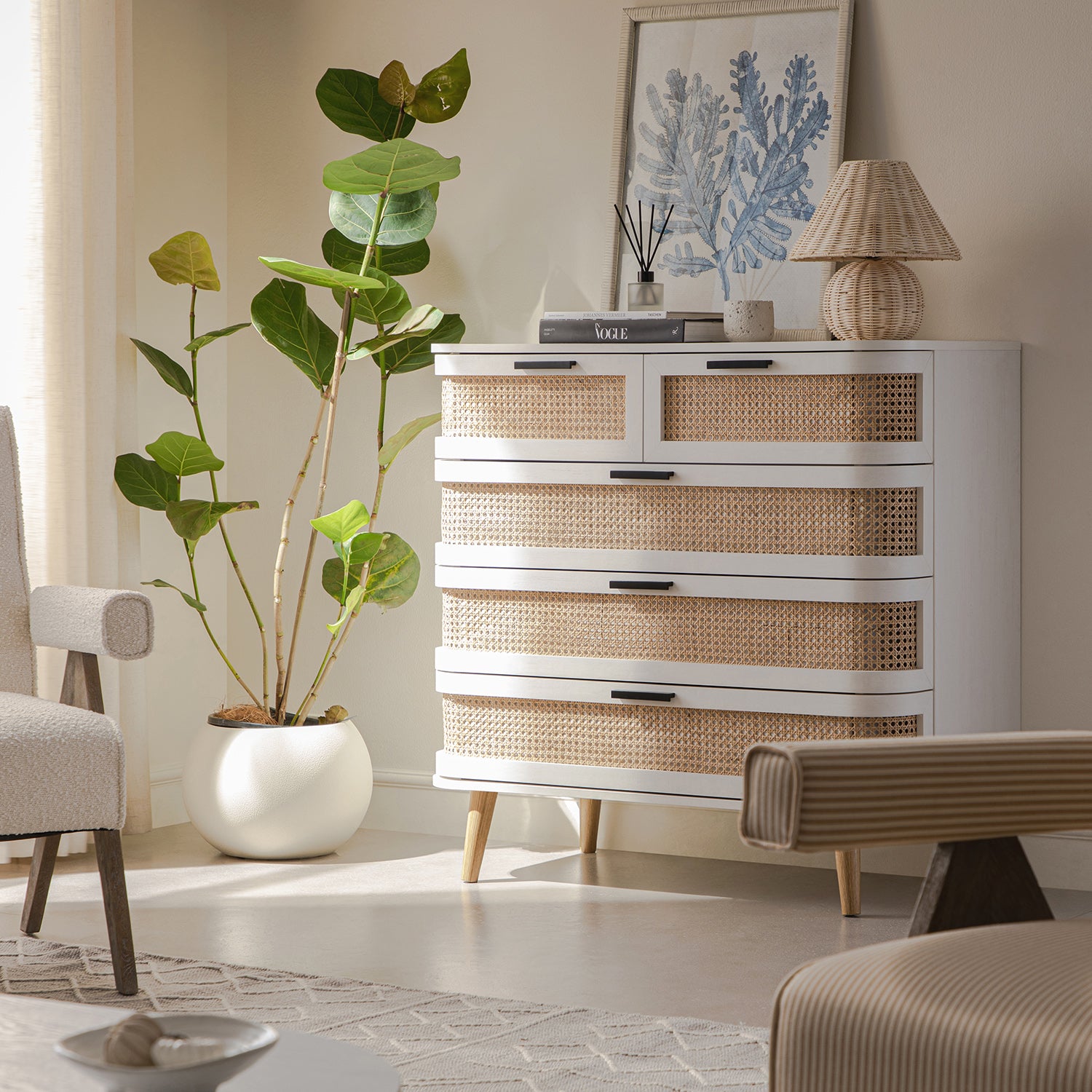 Izzy Curved Rattan 5 Drawer Dresser, White Izzy Curved Rattan 5 Drawer Dresser, White