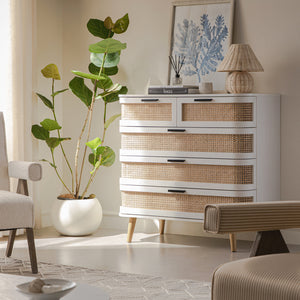 Izzy Curved Rattan 5 Drawer Dresser, White