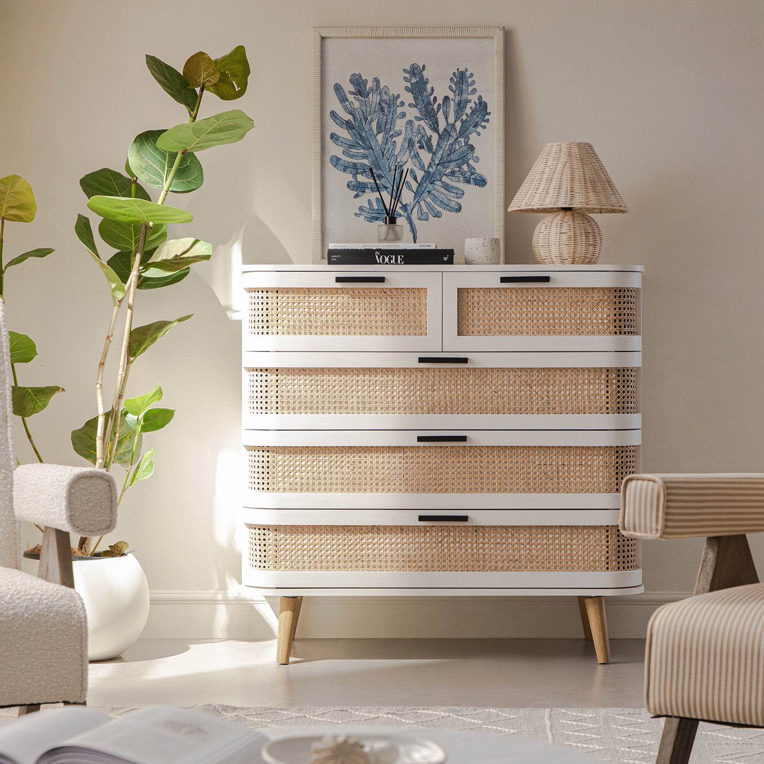 Izzy Curved Rattan 5 Drawer Dresser, White