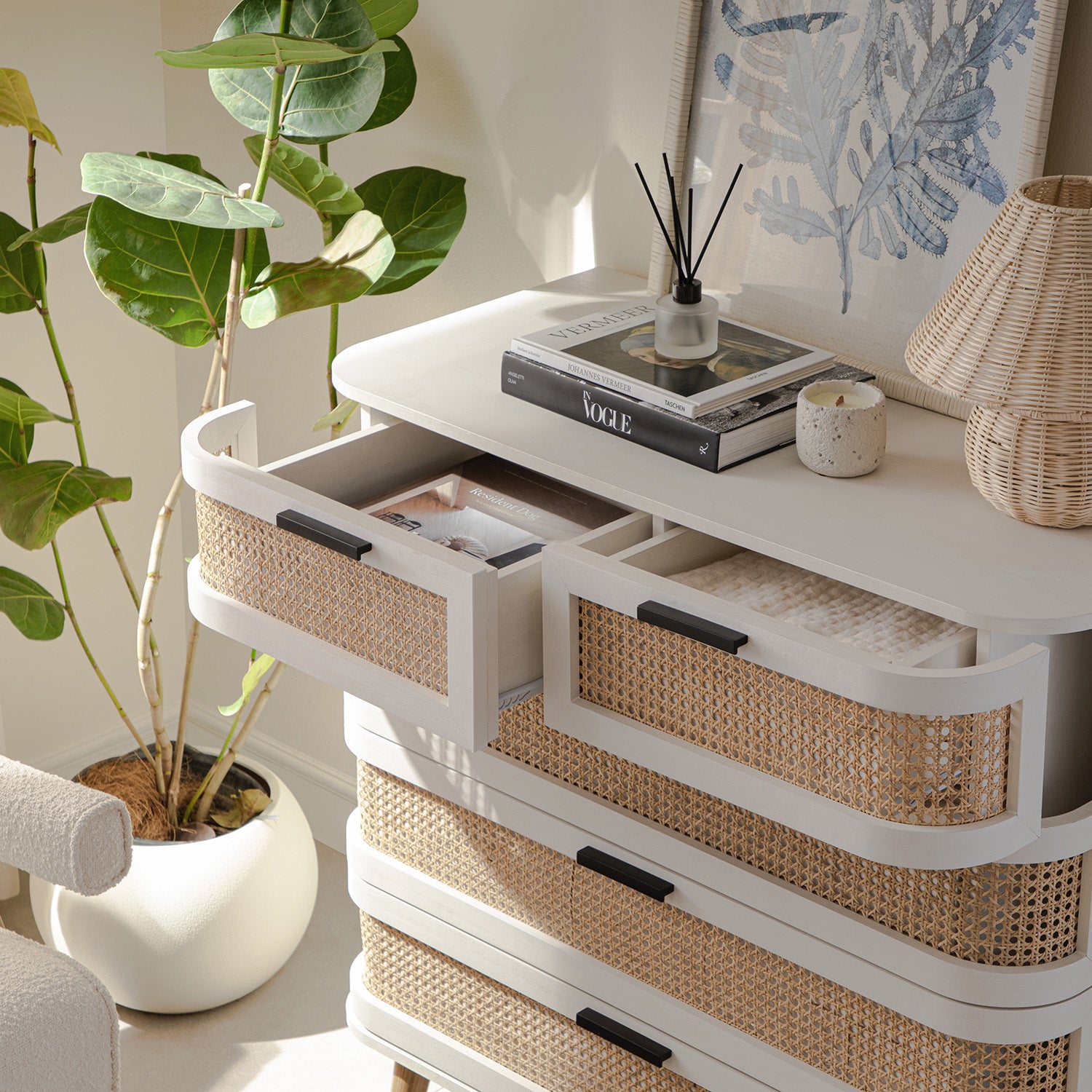 Izzy Curved Rattan 5 Drawer Dresser, White