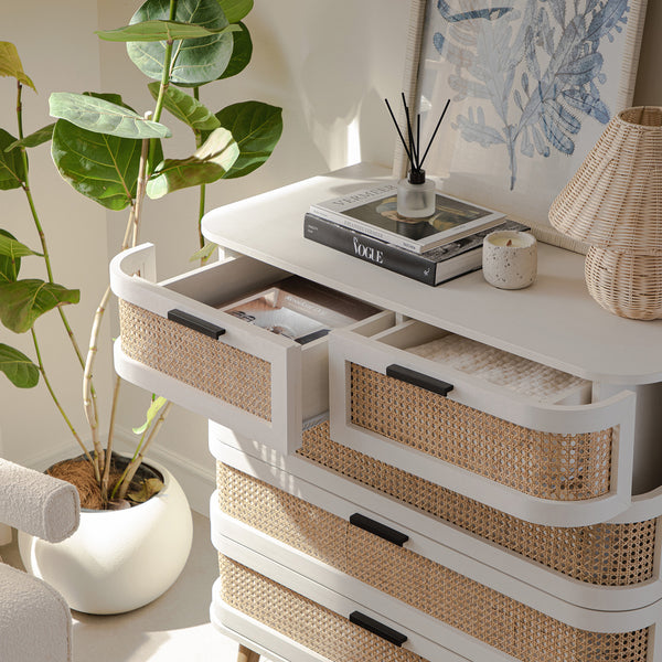 Izzy Curved Rattan 5 Drawer Dresser, White