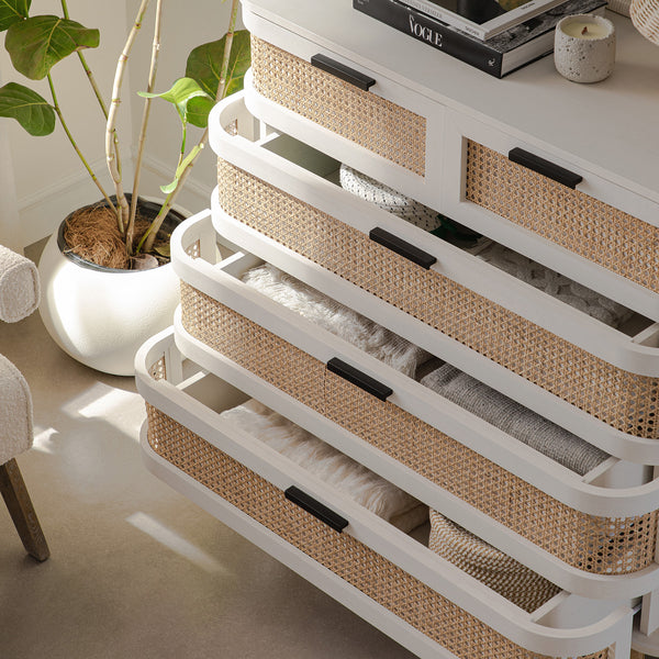 Izzy Curved Rattan 5 Drawer Dresser, White