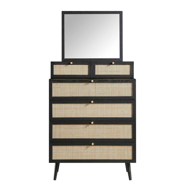 Frances Woven Rattan Tall Vanity Dresser with Mirror, Black