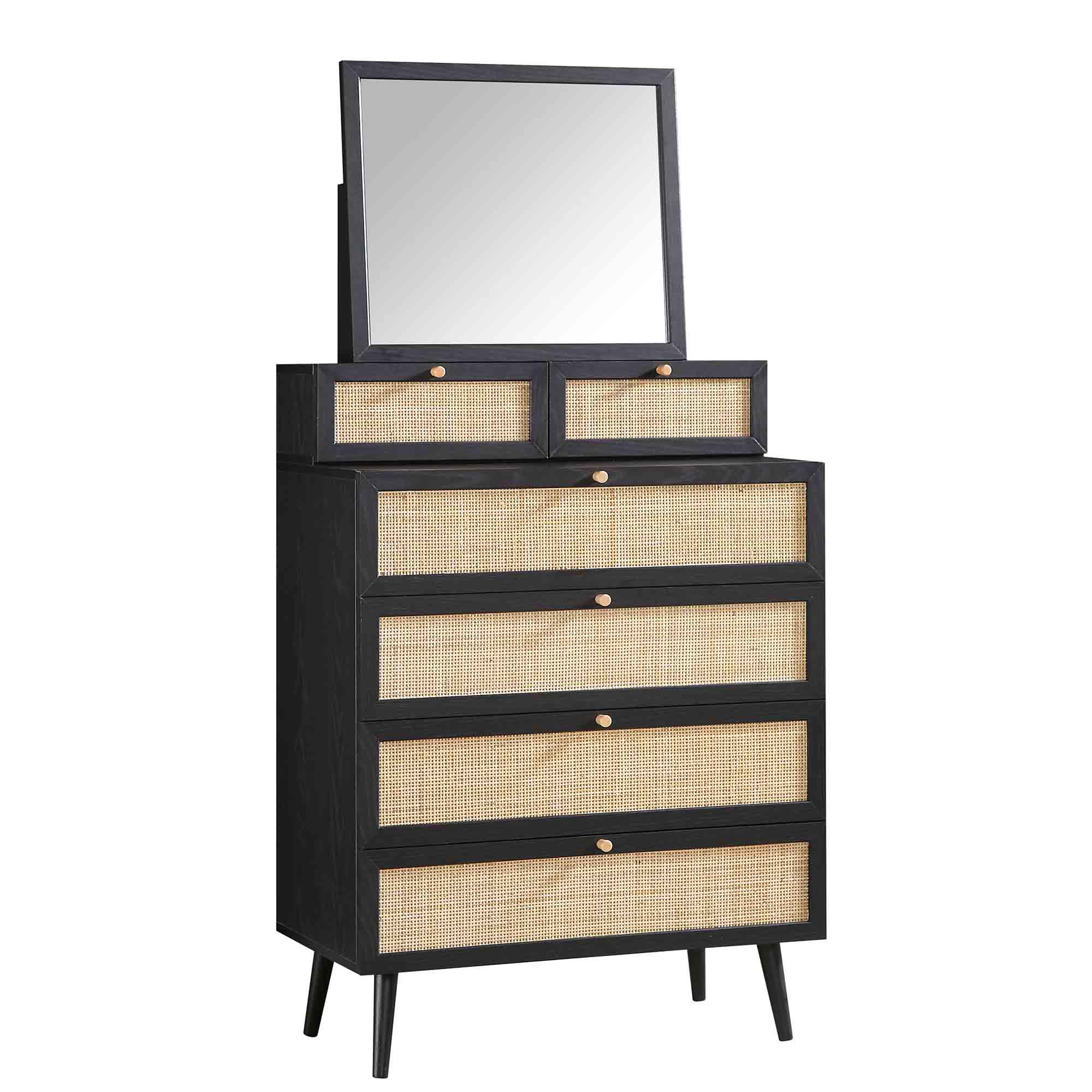 black dresser with pre-woven rattan drawers Kova Rattan, Wood & Metal 3-Drawer Dresser Black