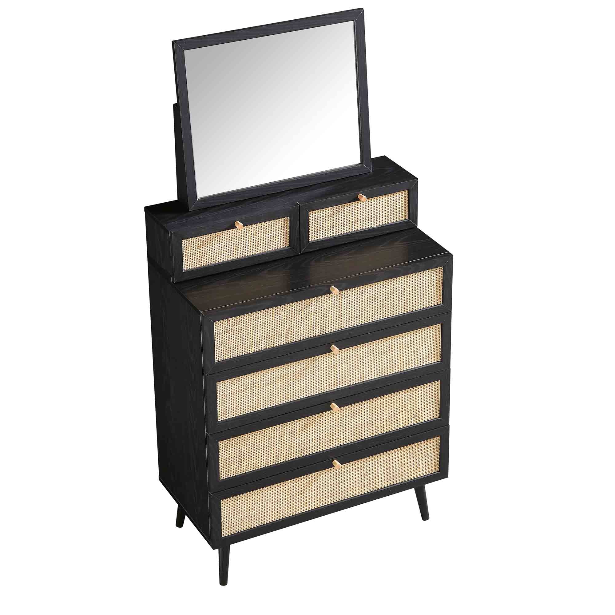 black dresser with pre-woven rattan drawers Frances Woven Rattan Tall Vanity Dresser with Mirror, Black