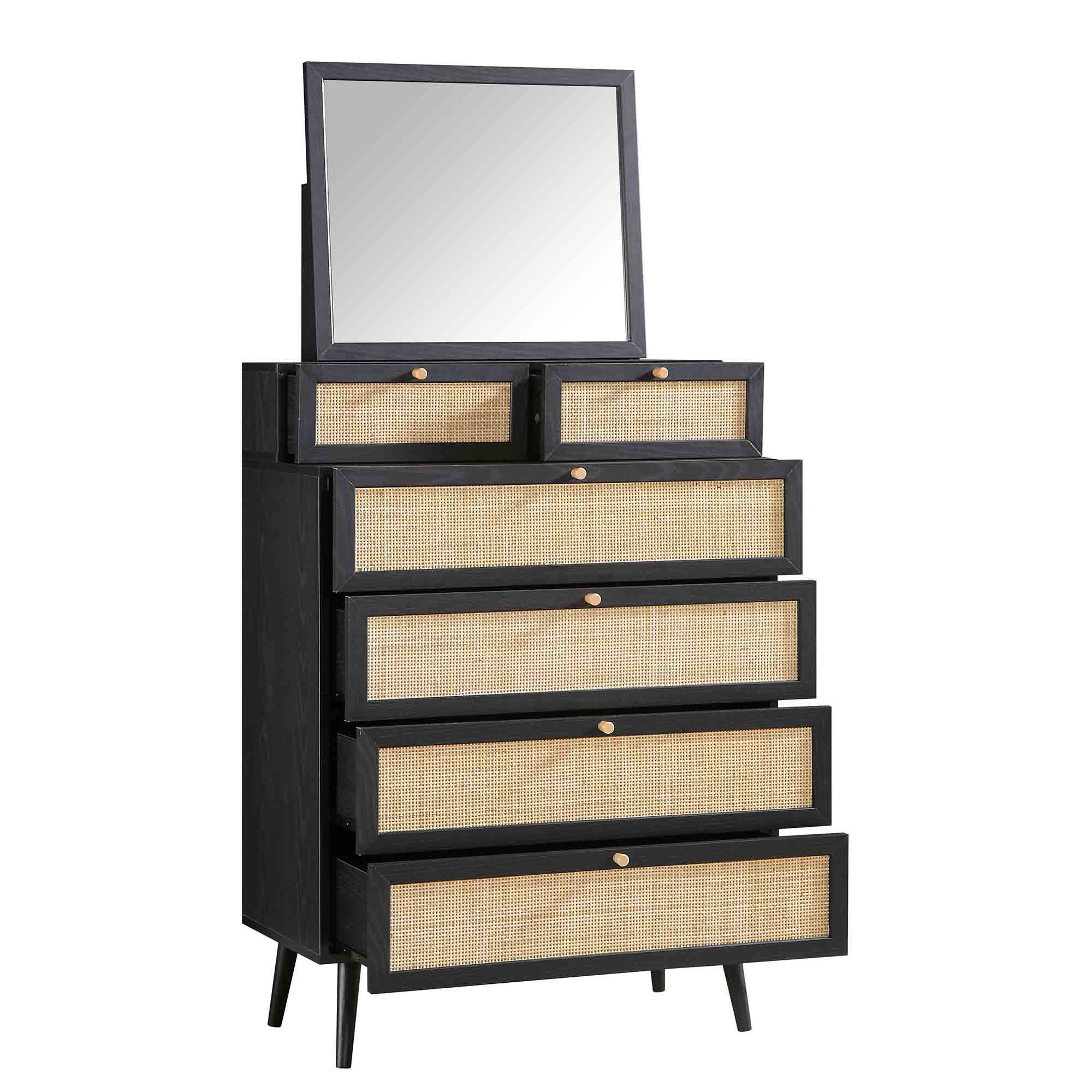 Frances Woven Rattan Tall Vanity Dresser with Mirror, Black Frances Woven Rattan Tall Vanity Dresser with Mirror, Black