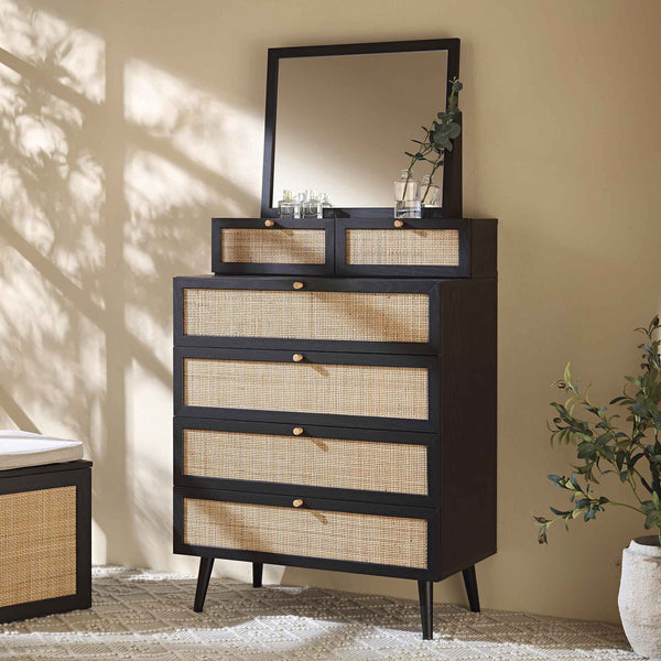 Frances Woven Rattan Tall Vanity Dresser with Mirror, Black Frances Woven Rattan Tall Vanity Dresser with Mirror, Black