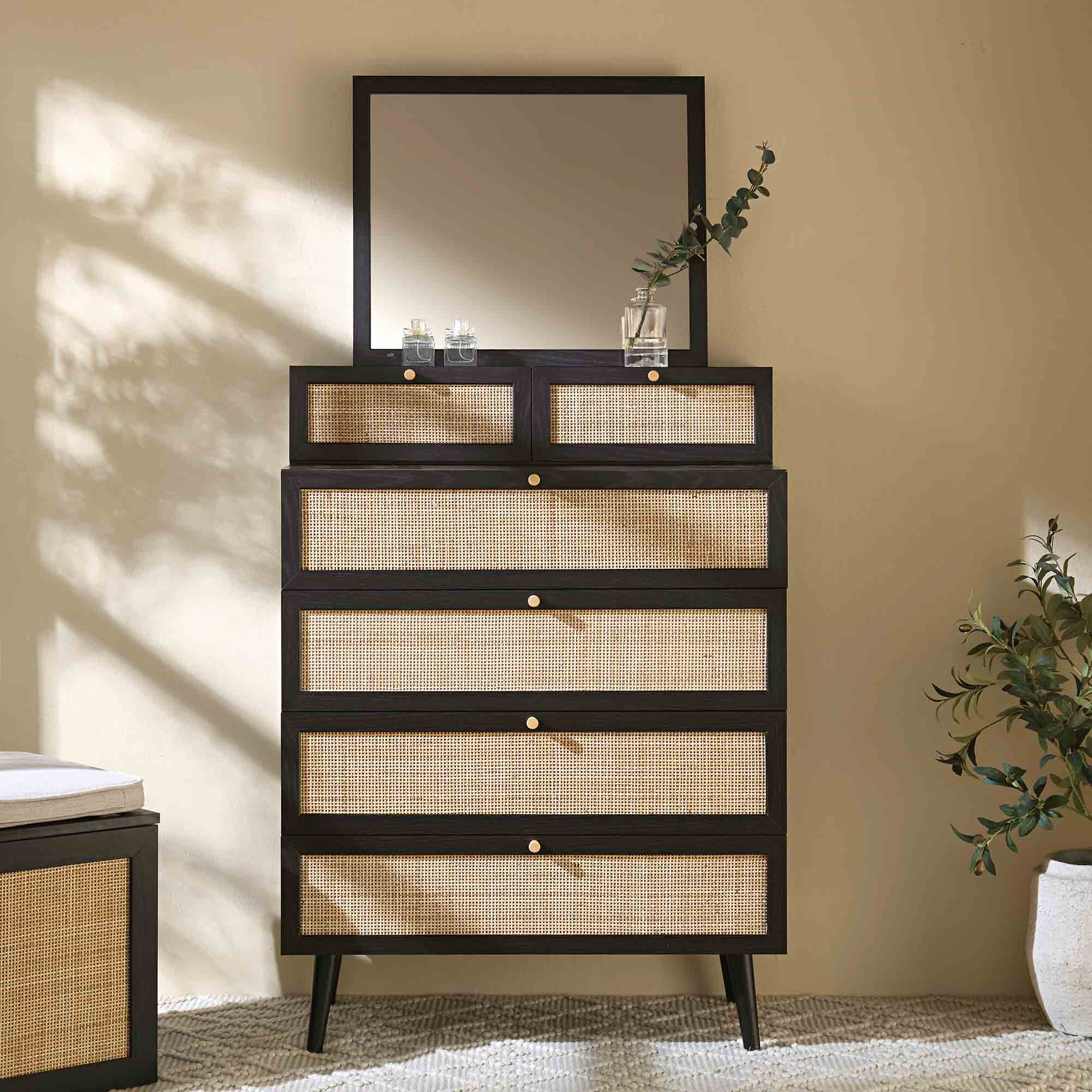 Frances Woven Rattan Tall Vanity Dresser with Mirror, Black Frances Woven Rattan Tall Vanity Dresser with Mirror, Black