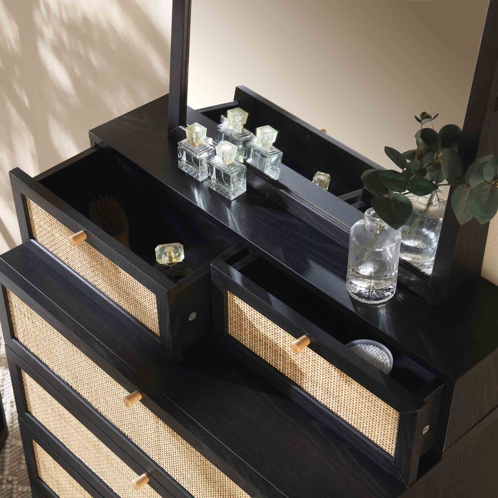 Frances Woven Rattan Tall Vanity Dresser with Mirror, Black Frances Woven Rattan Tall Vanity Dresser with Mirror, Black