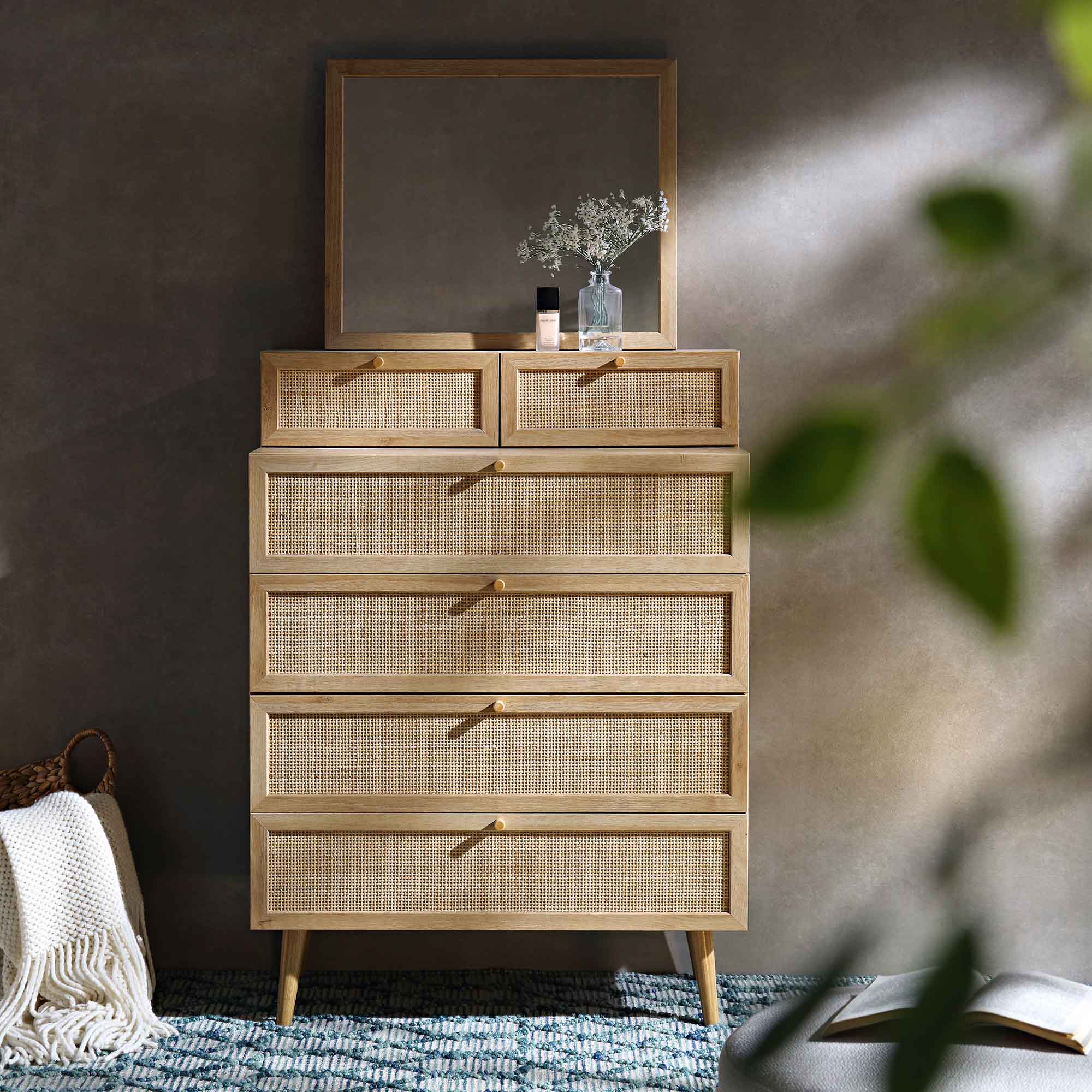 Frances Woven Rattan Tall Vanity Dresser with Mirror, Natural | daals.com Frances Woven Rattan Tall Vanity Dresser with Mirror, Natural | daals.com