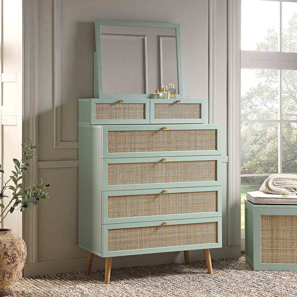 Frances Woven Rattan Tall Vanity Dresser with Mirror, Mint Frances Woven Rattan Tall Vanity Dresser with Mirror, Mint