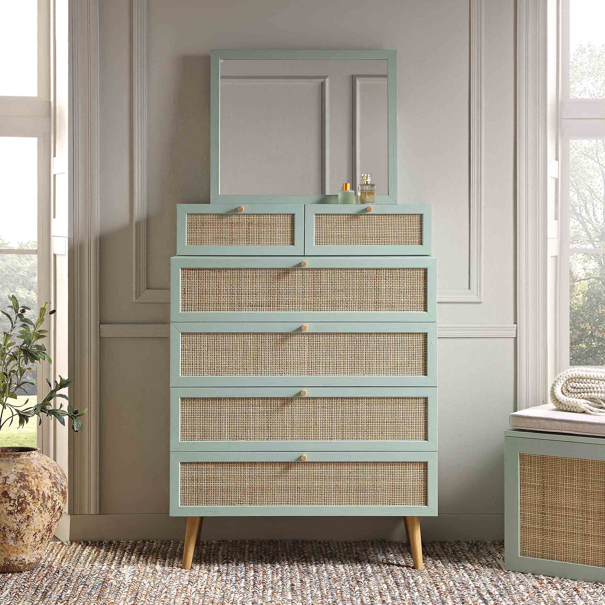 Frances Woven Rattan Tall Vanity Dresser with Mirror, Mint Frances Woven Rattan Tall Vanity Dresser with Mirror, Mint