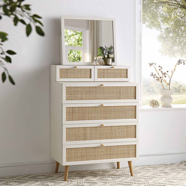 green versace dress of jennifer lopez Frances Woven Rattan Tall Vanity Dresser with Mirror, White
