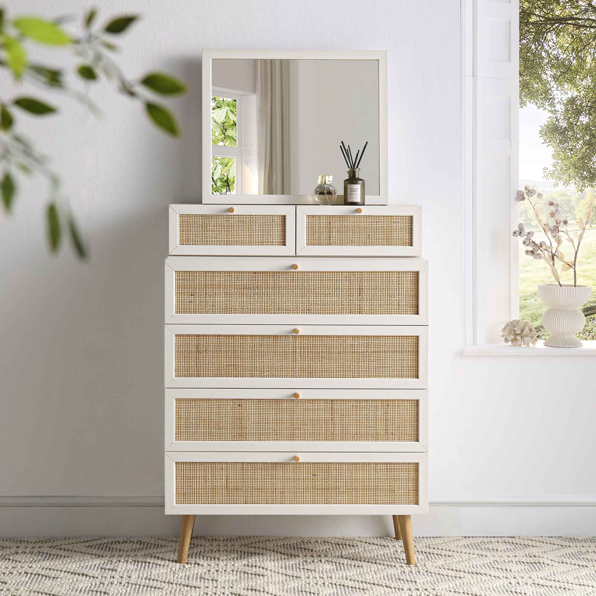 Frances Woven Rattan Tall Vanity Dresser with Mirror, White | daals.com Frances Woven Rattan Tall Vanity Dresser with Mirror, White | daals.com