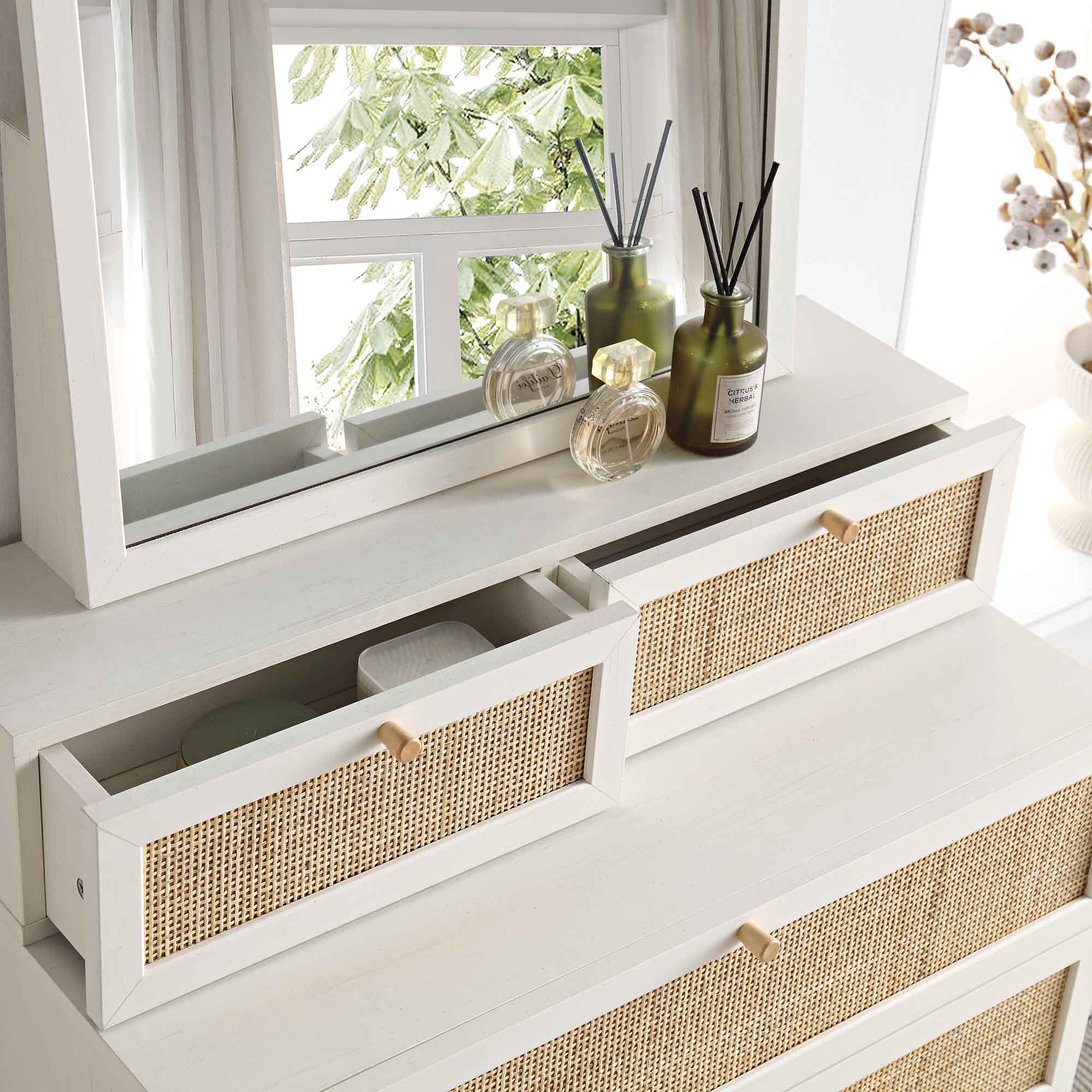 Frances Woven Rattan Tall Vanity Dresser with Mirror, White | daals.com Frances Woven Rattan Tall Vanity Dresser with Mirror, White | daals.com