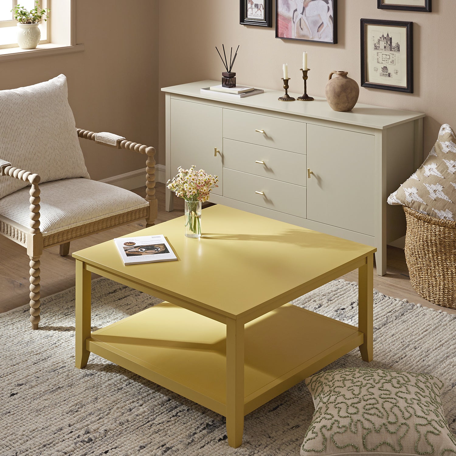 Oakham 32" Square Coffee Table, Rattan Yellow