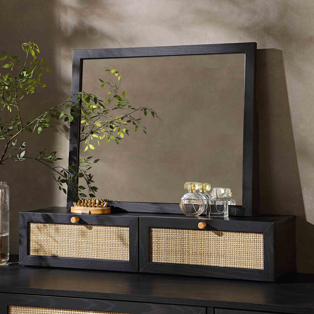 Frances Woven Rattan Vanity Mirror, Black | daals.com