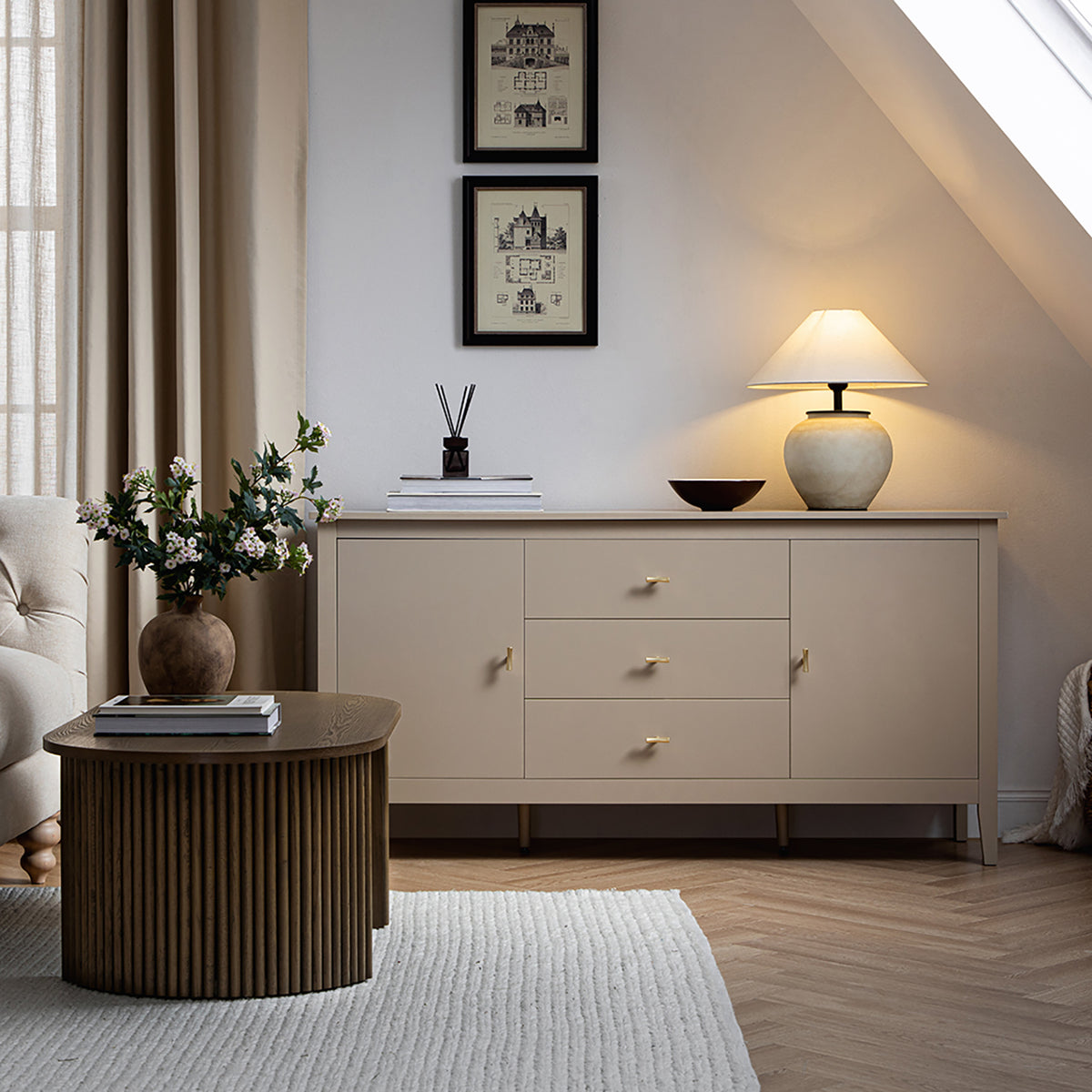Oakham Wide Sideboard with Drawers, Deep Greige