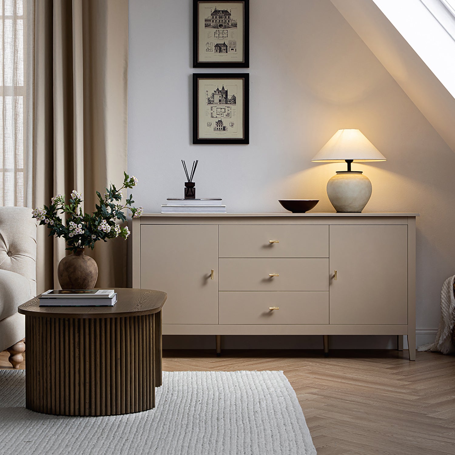 Oakham Wide Sideboard with Drawers, Deep Greige