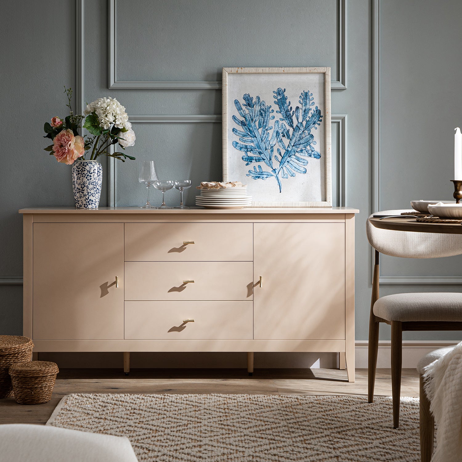Oakham Wide Sideboard with Drawers, Nude Pink