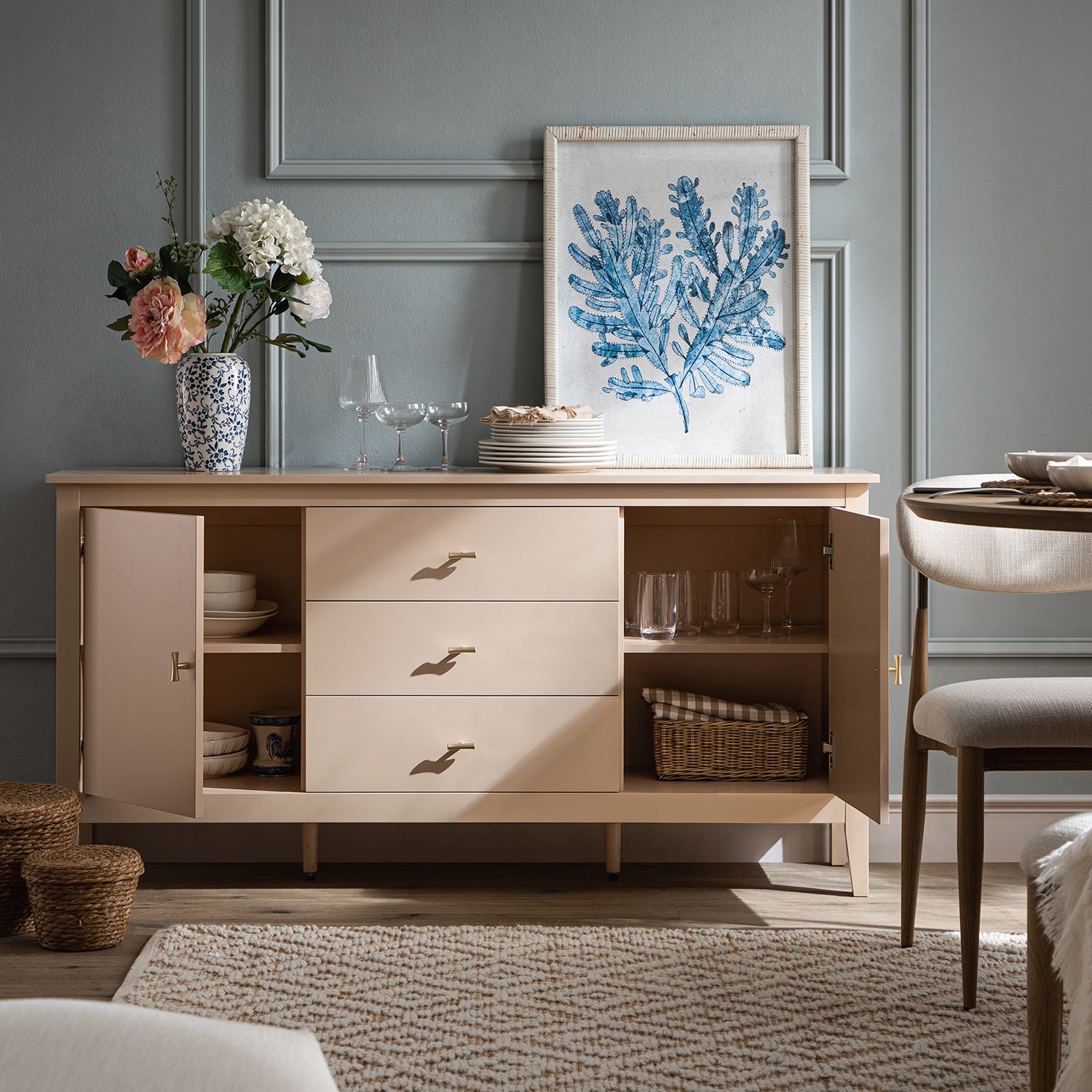 Oakham Wide Sideboard with Drawers, Nude Pink