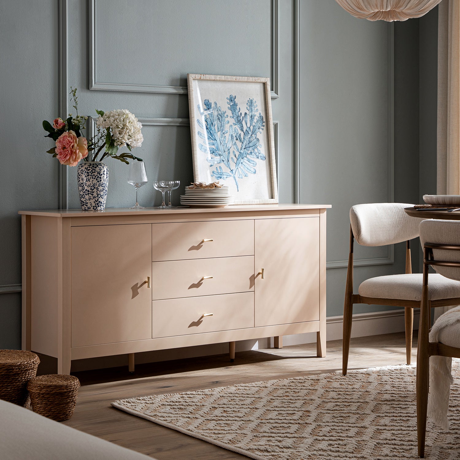 Oakham Wide Sideboard with Drawers, Nude Pink