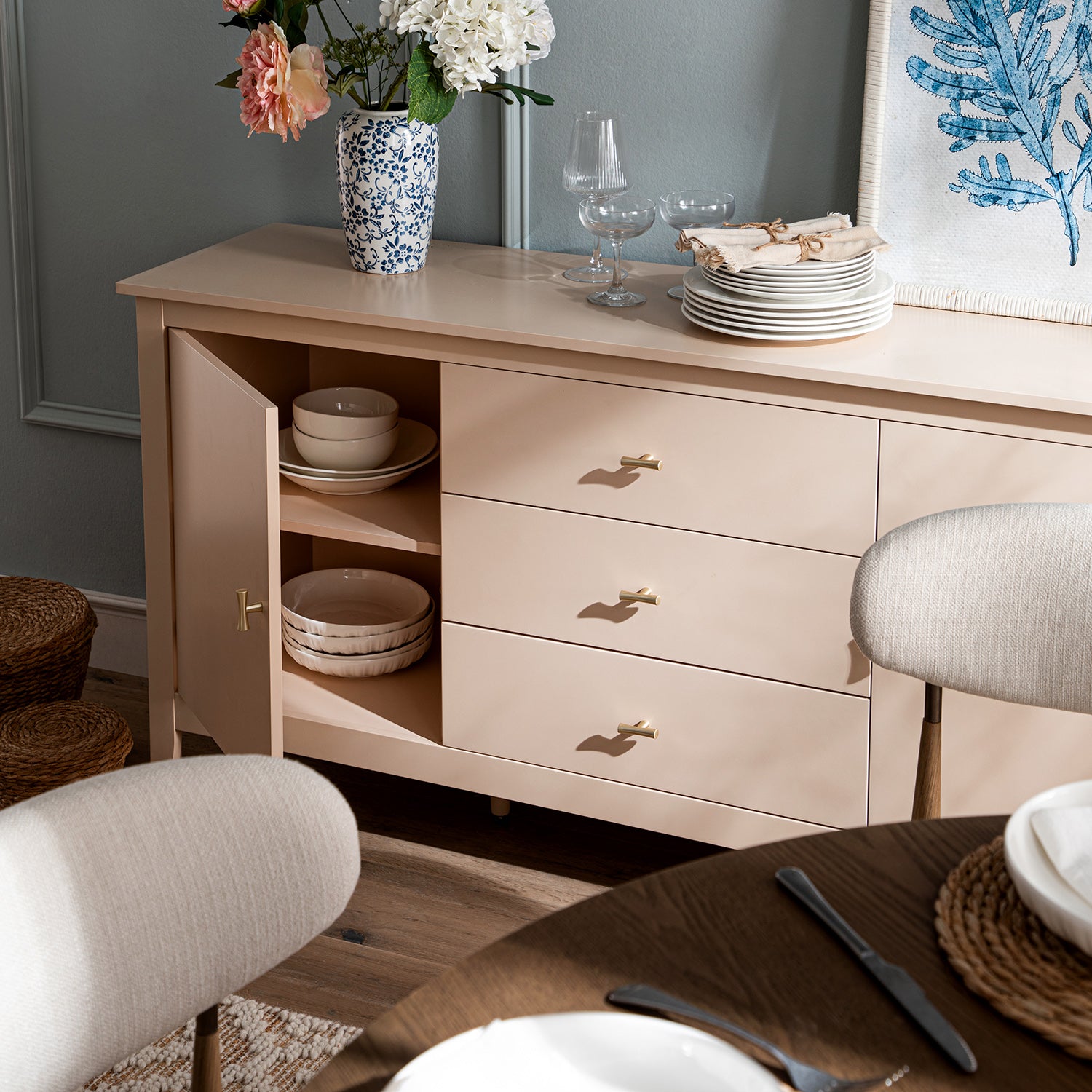 Oakham Wide Sideboard with Drawers, Nude Pink